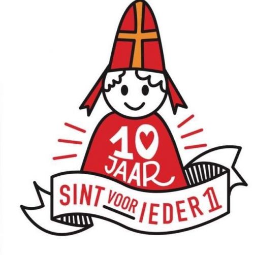Logo van een Sinterklaas met de tekst '10 jaar Sint voor ieder 1'
