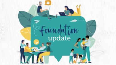 Getekende figuren, zittend, staand en half liggend bij en op een spreekwolkje met daarin de tekst Foundation Update Getekende figuren, zittend, staand en half liggend bij en op een spreekwolkje met daarin de tekst Foundation Update