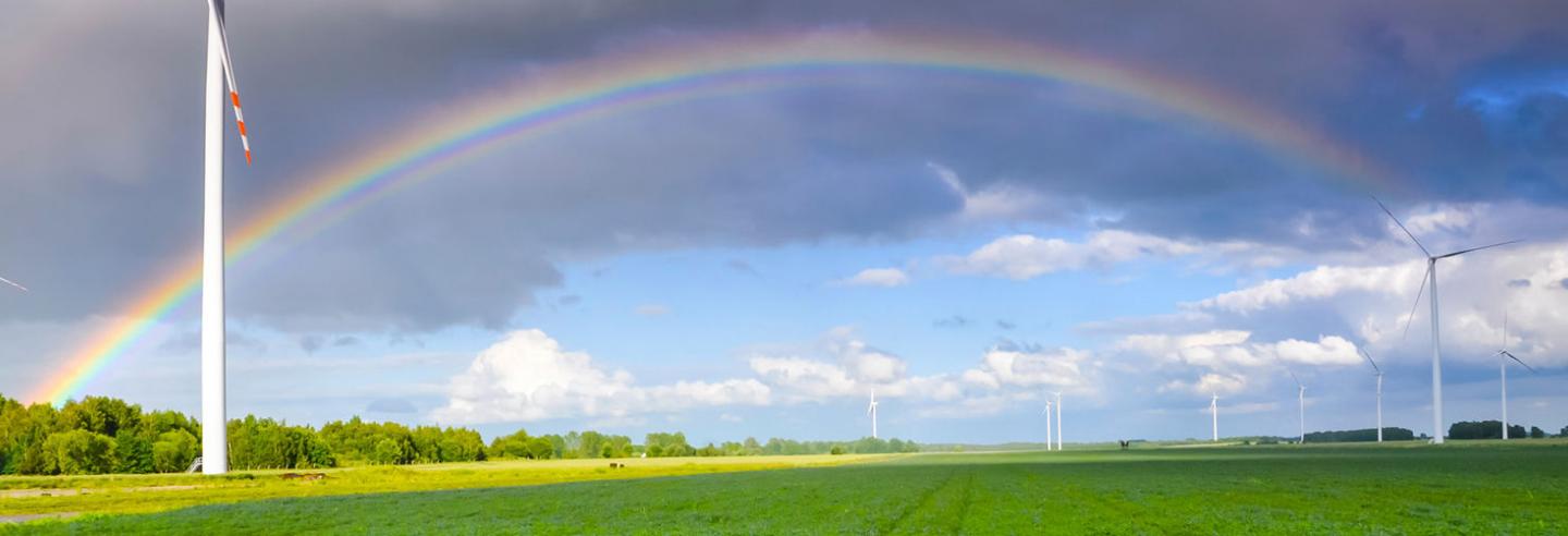 Afbeelding van een weiland met windmolen en regenboog